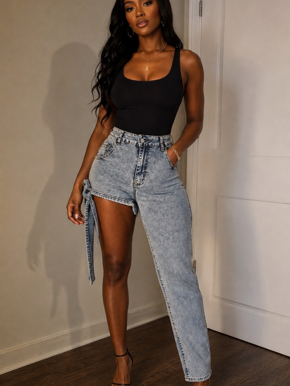 SHEIN Two-Tone Light Blue Asymmetrical Boyfriend Jeans with Side Tie